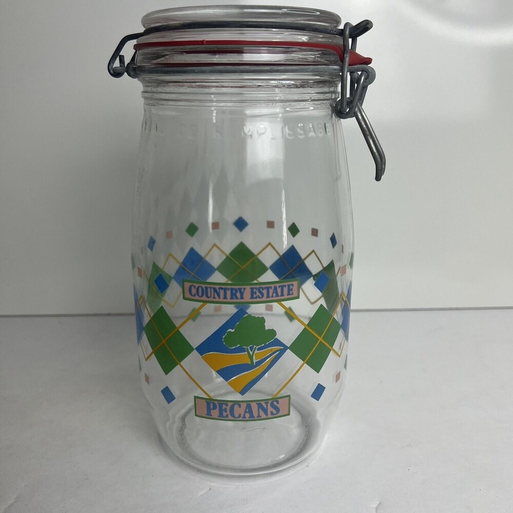 Vintage ARC France Niveau De Remplissage Glass Canister Jar 1.5L Plaid